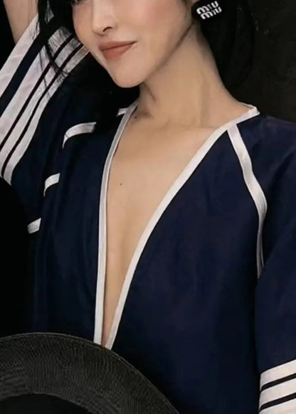 Navy Deep-v Neck Striped Cotton Tanks Summer