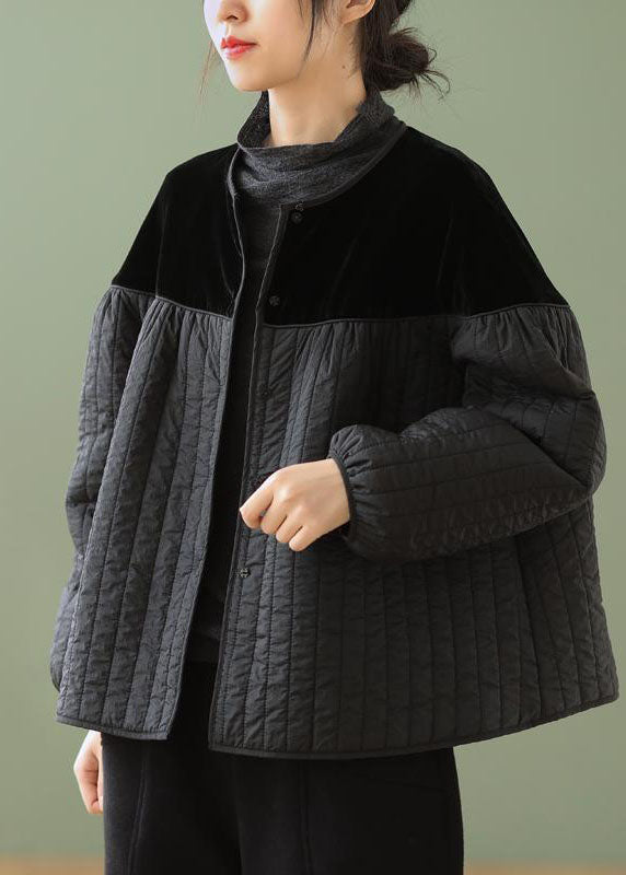 Black O-neck Button Patchwork Winter Jackets Long Sleeve