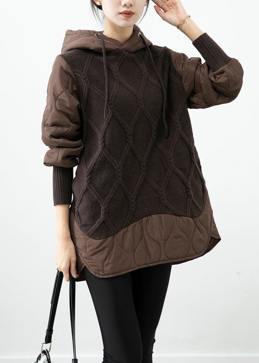 Chocolate Patchwork Knit Fine Cotton Filled Pullover Dress Hooded Winter