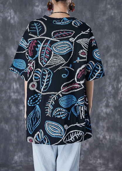 French Black Oversized Print Cotton Tank Tops Summer