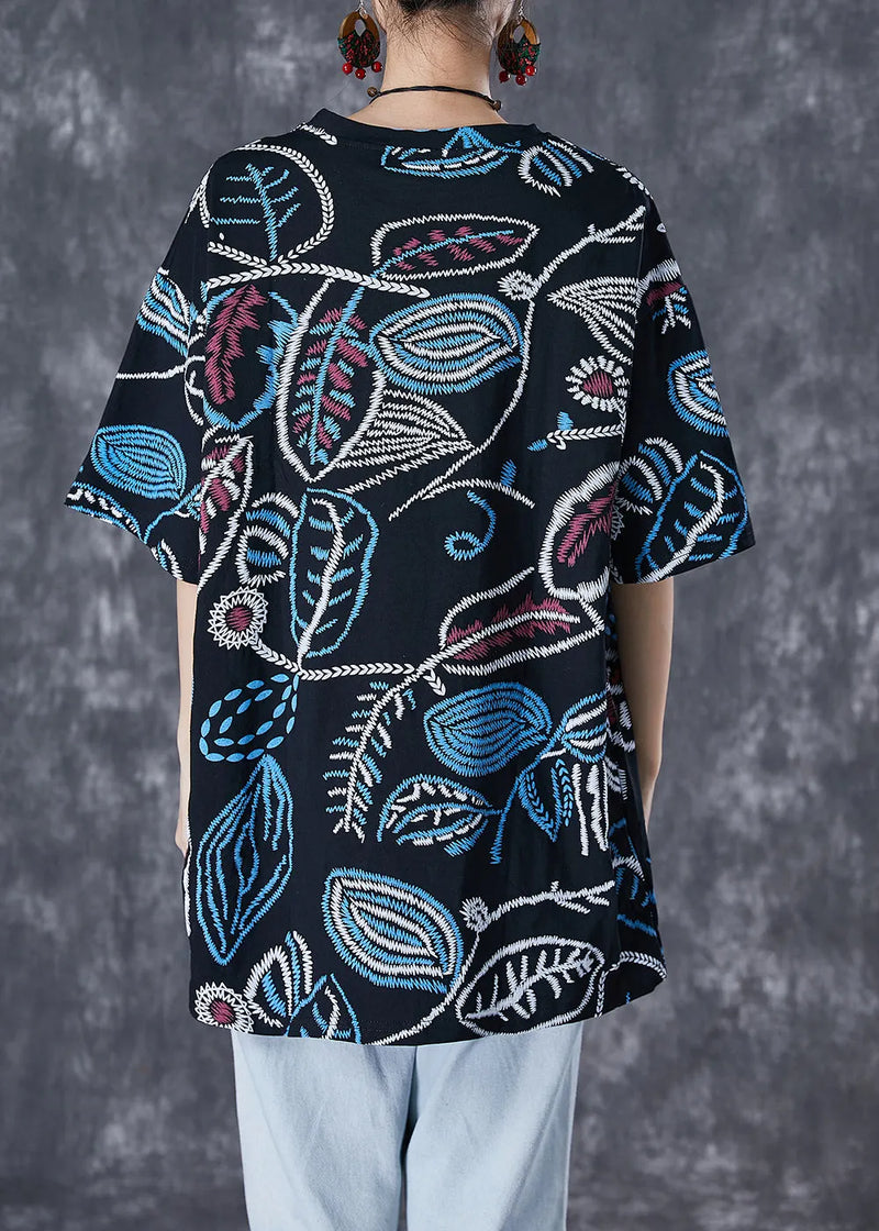 French Black Oversized Print Cotton Tank Tops Summer