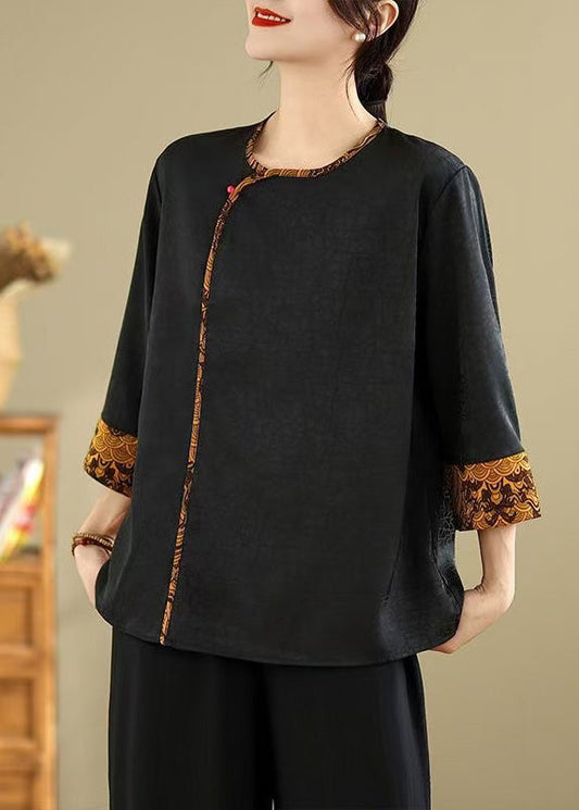 Black Oversized Patchwork Silk Blouses Bracelet Sleeve