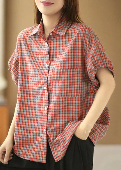 Red Peter Pan Collar Plaid Button Cotton Shirts Lantern Sleeve