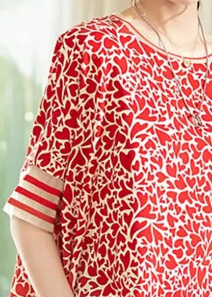 Modern Red O-neck Print Low High Design Chiffon Tops Short Sleeve