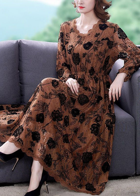 Chocolate Cinched Print Lace Long Dresses Spring
