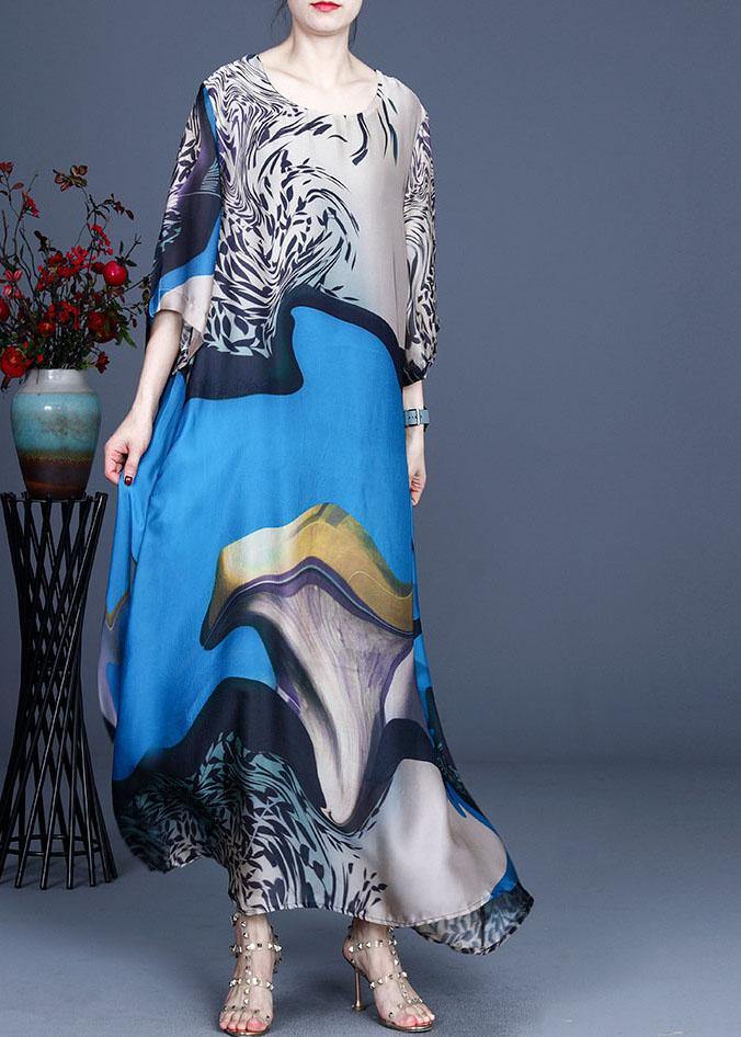 Modern Blue Print Asymmetrical Design Summer Silk Long Dress