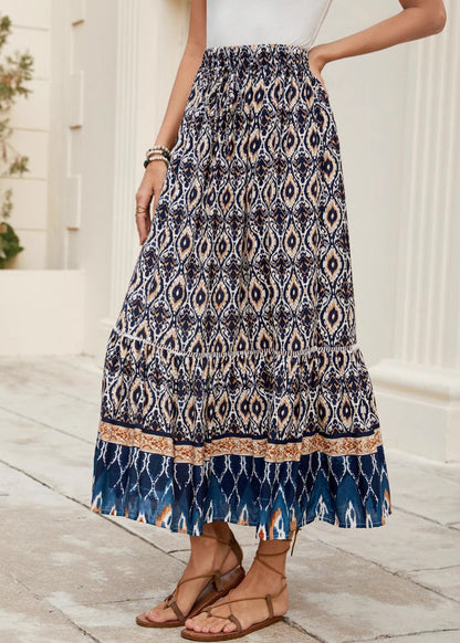 Navy Print Elastic Waist Skirts Summer