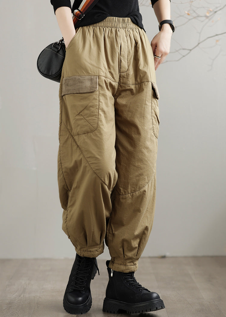 Khaki Pockets Patchwork Fine Cotton Filled Pants Winter