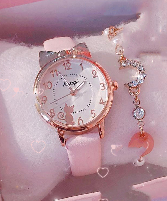 Black Genuine Leather Little Cats Waterproof Watch