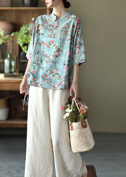 Blue Stand Collar Print Chinese Button Linen Shirt Half Sleeve