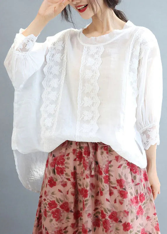 White O-neck Oversized Linen Blouse Tops Bracelet Sleeve
