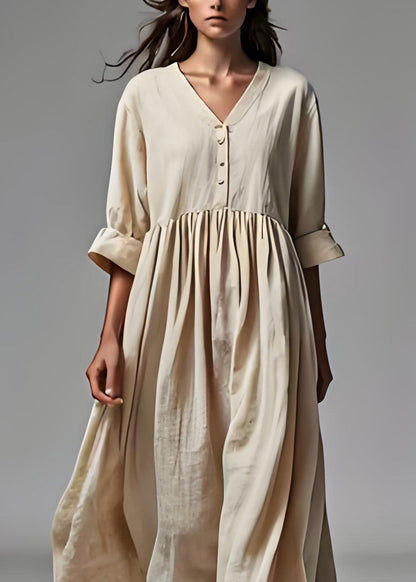 Beige V Neck Wrinkled Patchwork Cotton Dresses Summer