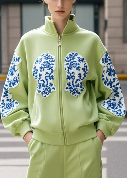 Diy Fruits Green Stand Collar Print Cotton Jacket Fall