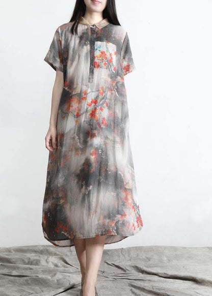 Diy Grey Print Silk Pockets Summer Vacation Dresses