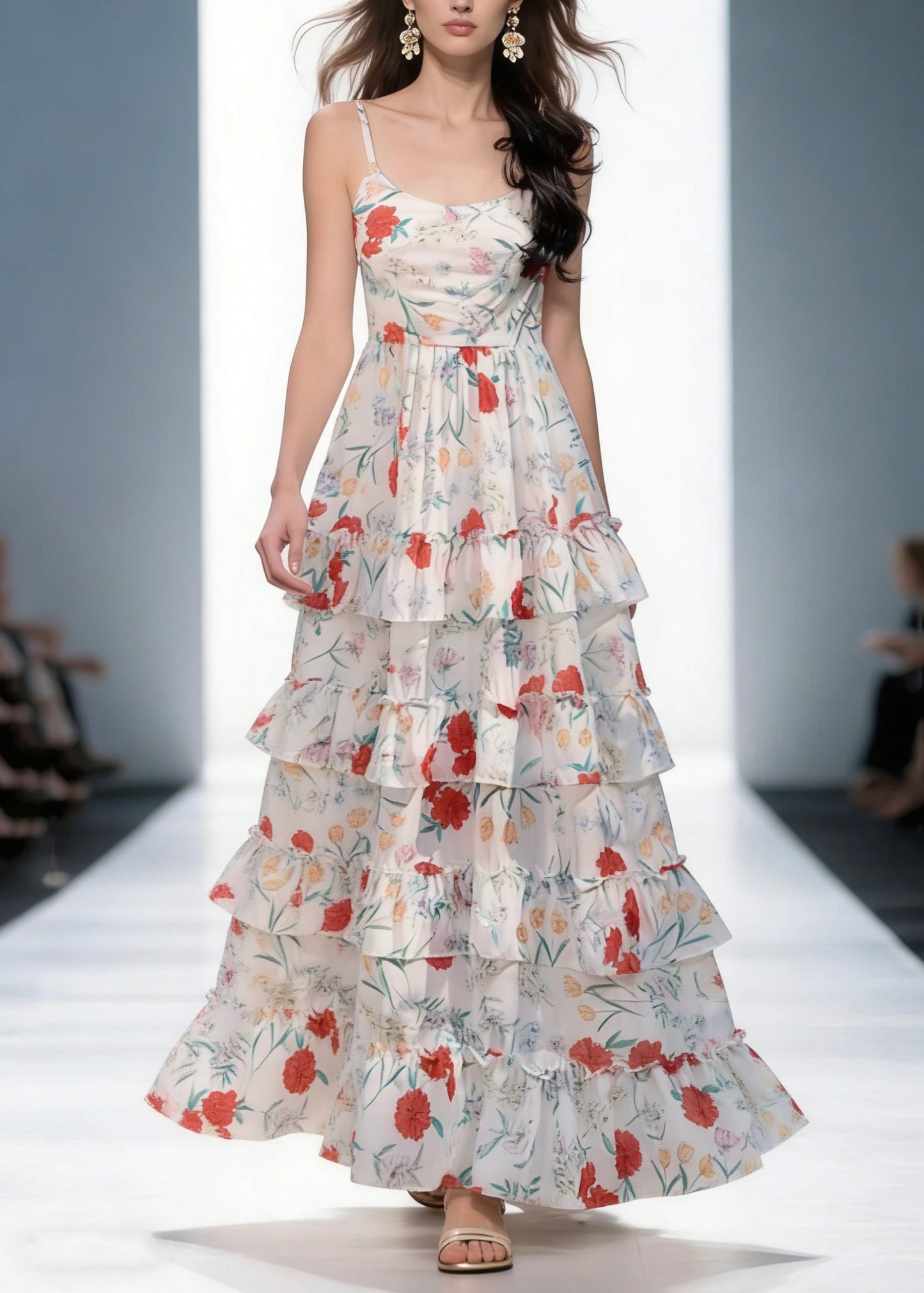Backless Print Ruffled Cotton Spaghetti Strap Dress Sleeveless