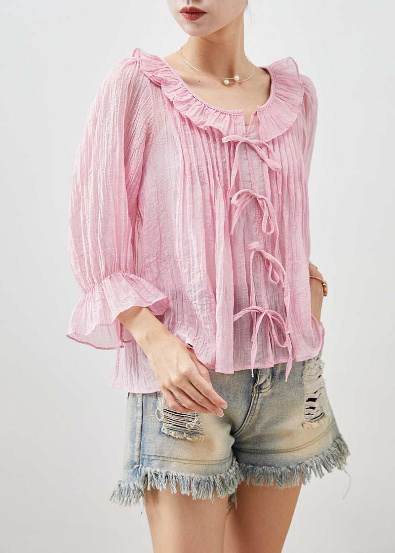 Pink Bow Wrinkled Cotton Shirts Fall