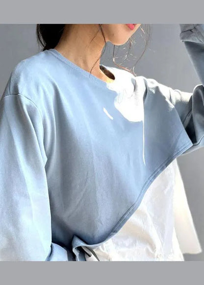 Blue O-neck Patchwork Asymmetrical Design Fall Sweatshirts Top