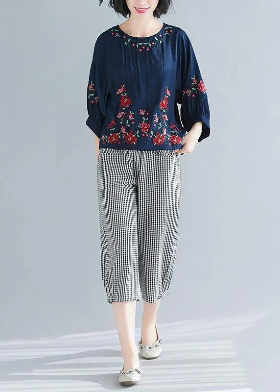 Summer Cotton Linen Navy O-neck Shirts