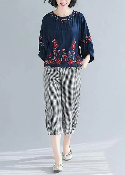 Summer Cotton Linen Navy O-neck Shirts