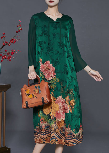 Green Silk Holiday Dress Tasseled Chinese Button Summer