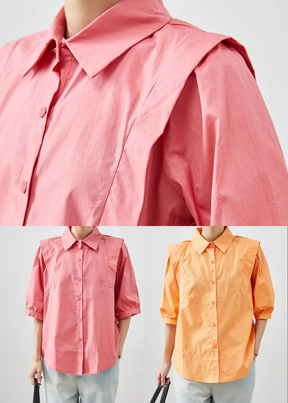 Orange Peter Pan Collar Patchwork Cotton Shirts Half Sleeve