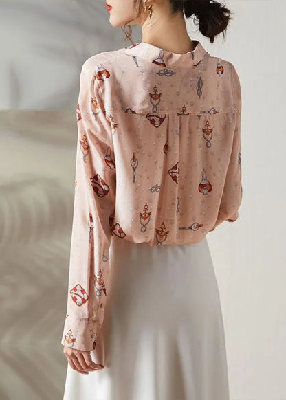 Pink Peter Pan Collar Print Silk Blouses Spring