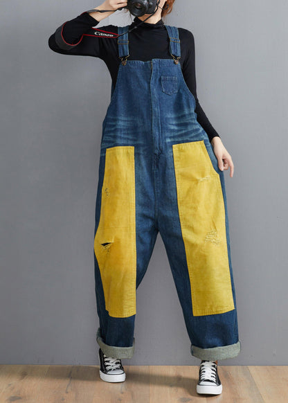 French Denim Blue Jeans Spring Patchwork Jumpsuit Pants