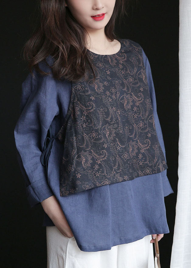 French Navy O-neck Patchwork Tie Waist Linen Fake Two Piece Shirt Tops Spring