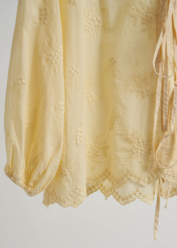 Yellow Embroidered Lace Up Cotton Shirt Top Fall