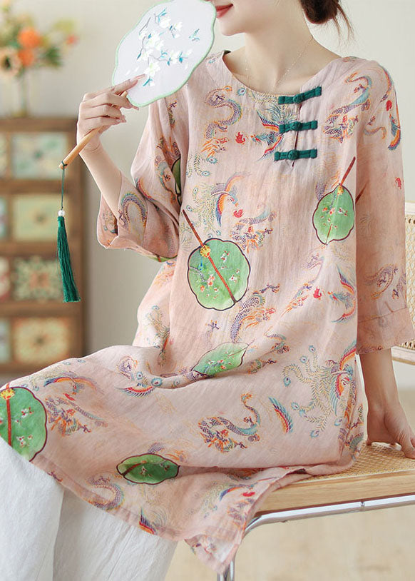 Pink O Neck Print Chinese Button Cotton Mid Dress Summer