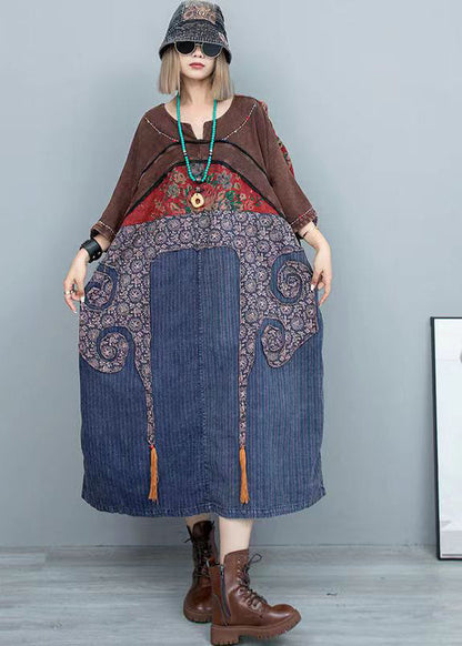 Colorblock O Neck Patch Cotton Dress Spring