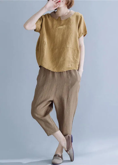 Khaki Peter Pan Collar Patchwork Linen Shirts Short Sleeve