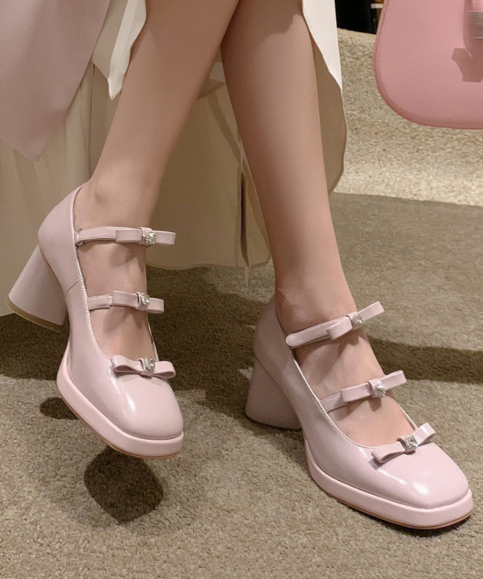 White Chunky Heels Cowhide Leather Splicing Bow