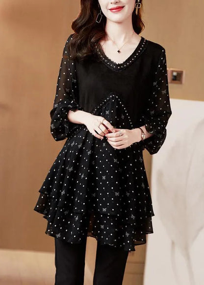 Black V Neck Dot Patchwork Layered Design Chiffon Tops Long Sleeve