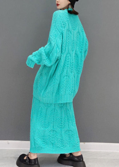 Unique Blue V Neck Cable Knit Tops a Line Skirts Two-piece Set Spring