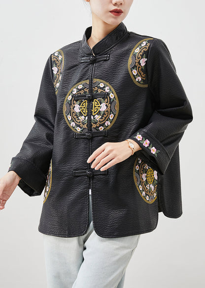 Black Embroideried Chinese Button Faux Leather Coat Spring