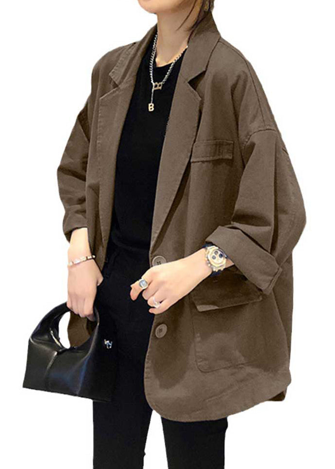 Khaki Notched Pockets Patchwork Cotton Coats Fall