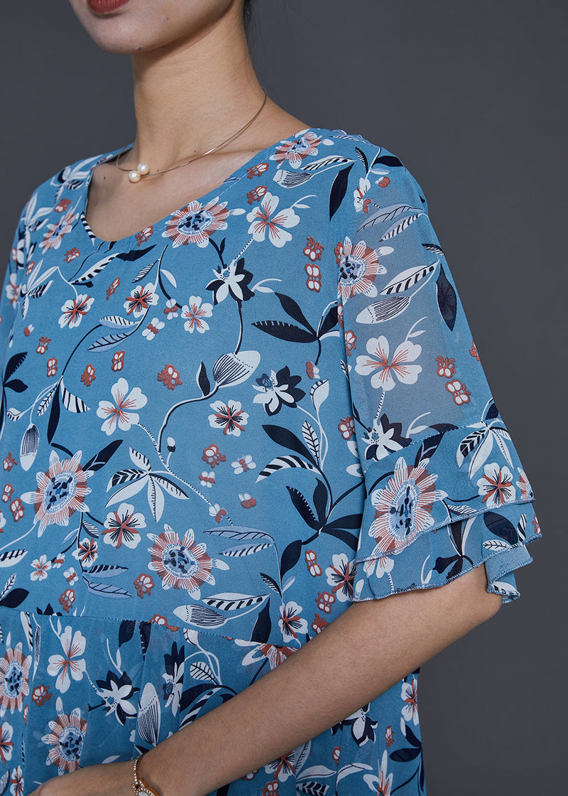 Blue Print Silm Fit Chiffon Shirt Summer