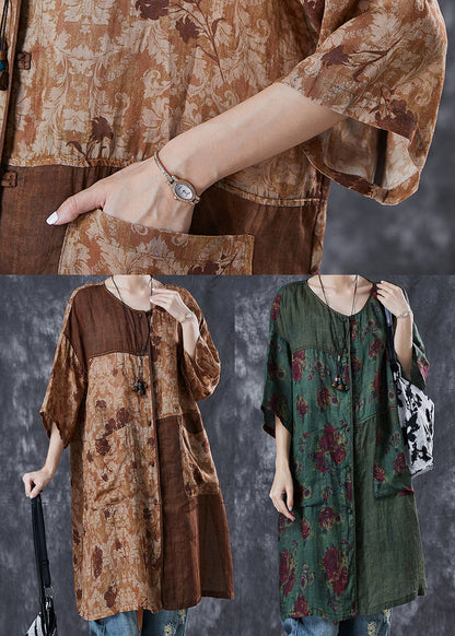 Khaki Oversized Patchwork Linen Dresses Summer
