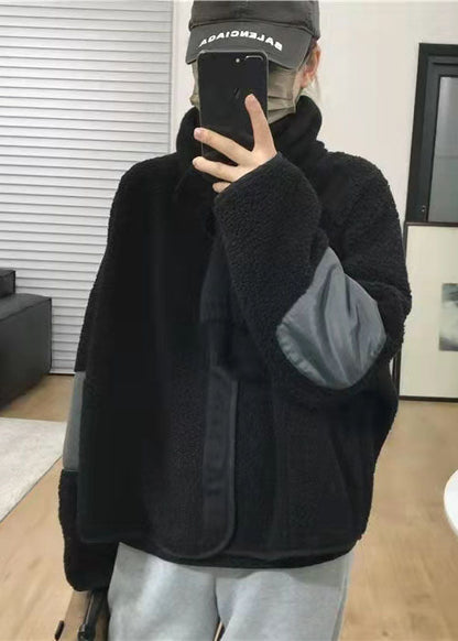 Black Pockets Patchwork Faux Fur Coats Spring