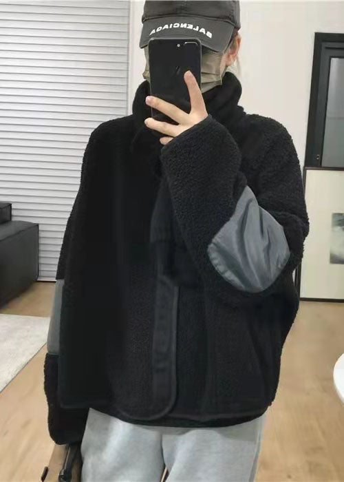 Black Pockets Patchwork Faux Fur Coats Spring