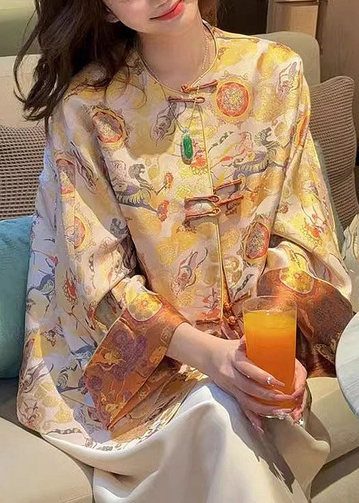 Chinese Style Yellow O-neck Button Silk Coats Spring