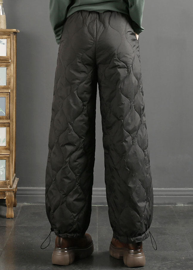 Black Plaid Drawstring Tie Waist Duck Down Filled Pants Winter