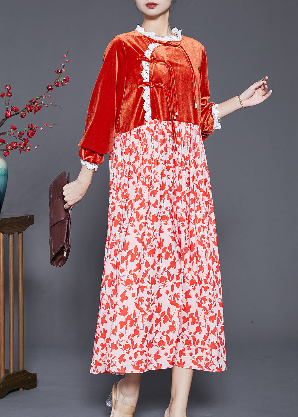 Diy Orange Tasseled Patchwork Silk Velour Holiday Dress Spring