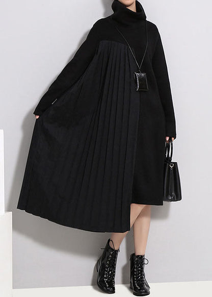 Black Wrinkled Turtle Neck Knit Dresses Spring