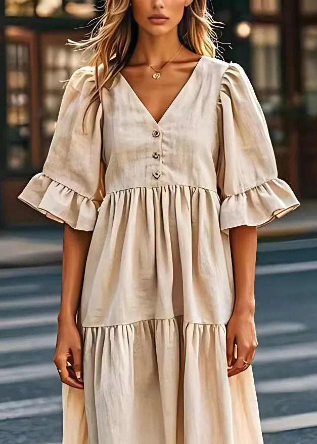 Beige V Neck Wrinkled Patchwork Linen Dresses Summer