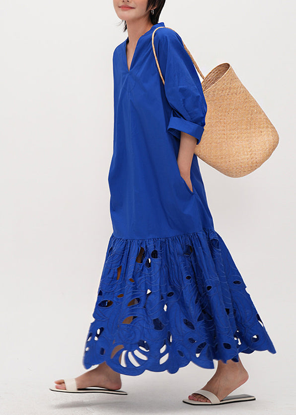 Art Blue Embroidered Hollow Out Cotton Maxi Dress Half Sleeve Fall