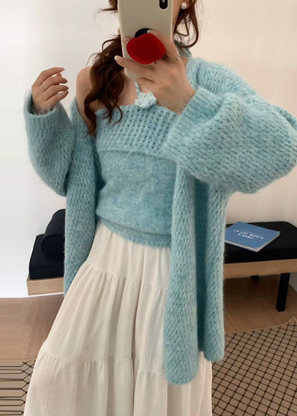 Blue Oversized Decorated Knit Two Pieces Set Winter