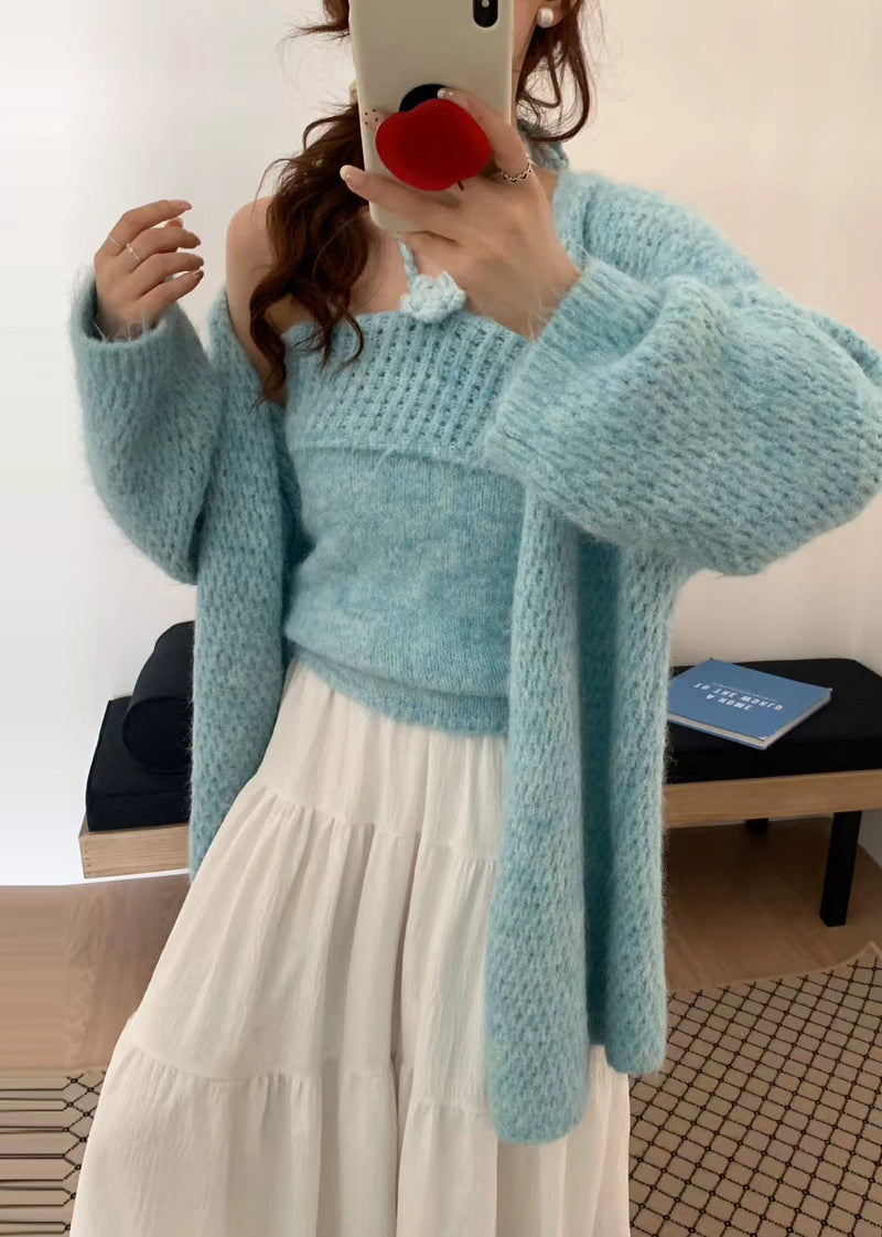 Blue Oversized Decorated Knit Two Pieces Set Winter