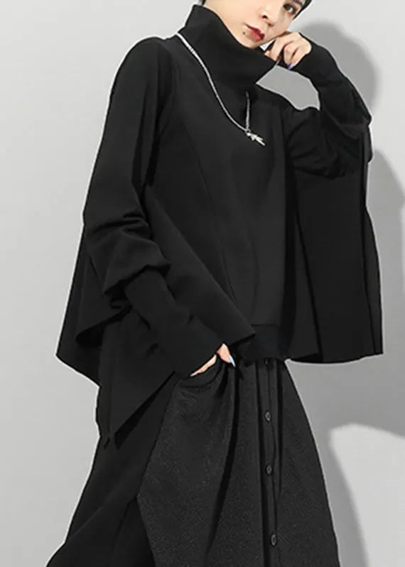 Black Turtleneck Asymmetrical Sweatshirts Long Sleeve